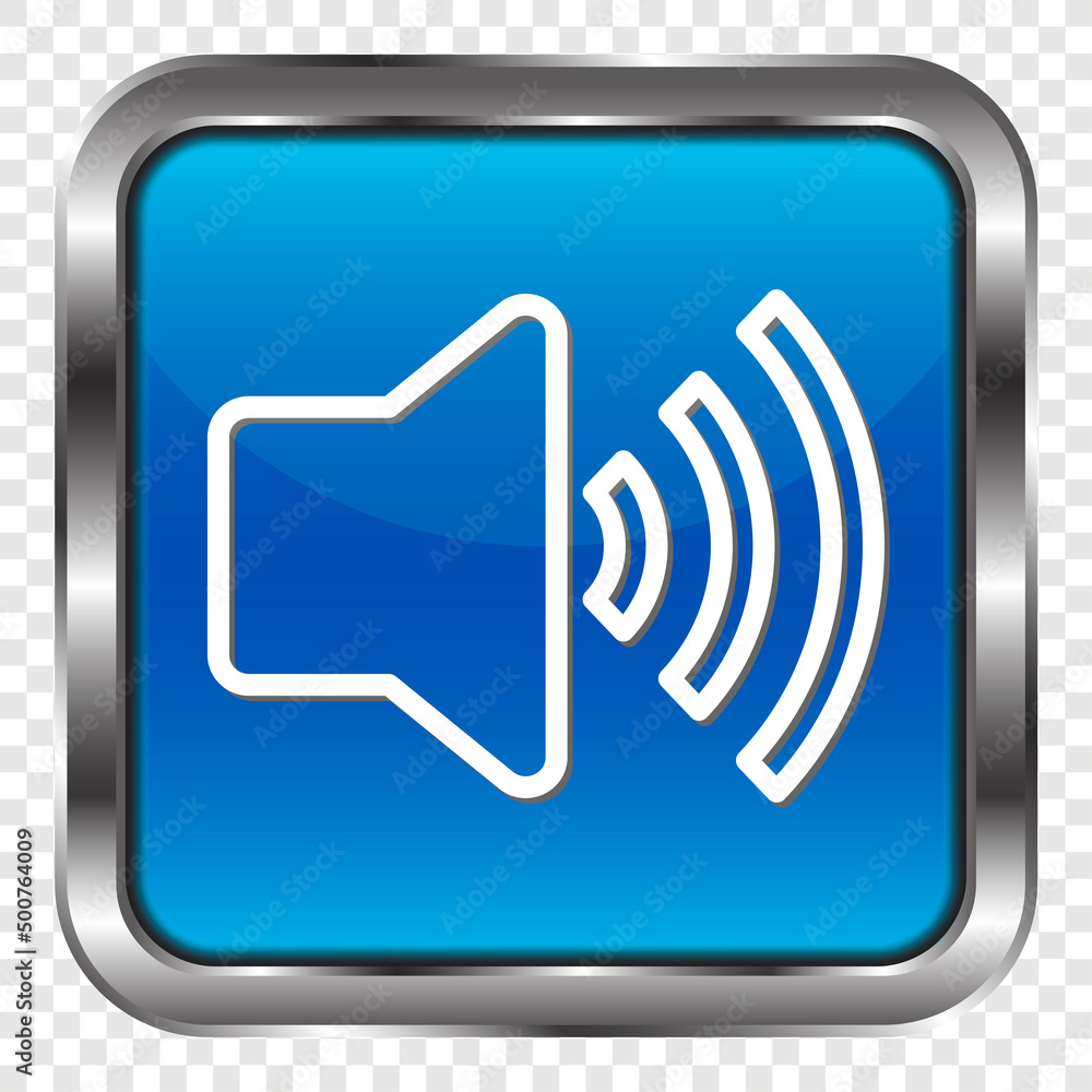 Poster sound simple icon vector. flat design. metal, blue square button. transparent grid.ai