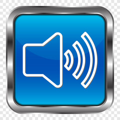 Sound simple icon vector. Flat design. Metal, blue square button. Transparent grid.ai