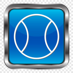 Tennis ball simple icon. Flat design. Metal, blue square button. Transparent grid.ai