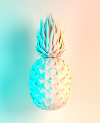 Multicolor pineapple on blue background 3D rendering