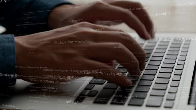 Computer programmer uses capable laptop computer to develop programming code of new software . Computer specialist working on future coding application for software programming development .