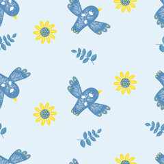 Seamless pattern with beautiful decorative blue bird, branch and sunflower on light blue background. Vector illustration for decor, design, wallpaper, wrapping paper, textile and print