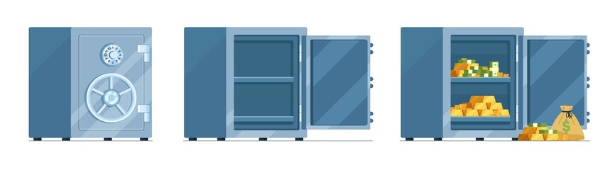 Empty and closed safe. Open, empty and full metal boxes, bank deposit storages, stack banknotes, coins and gold bars, reliable savings protection, vector cartoon flat finance concept © YummyBuum