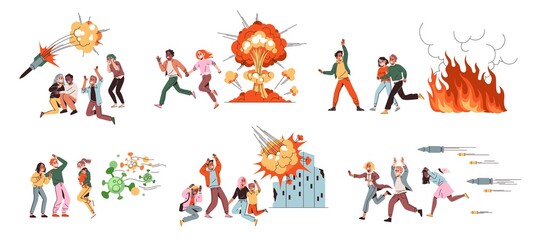 Frightened people running. Stressed situation, horrified adults and children run from explosions and shells, scared characters, city destroyed war, broken buildings, vector isolated set