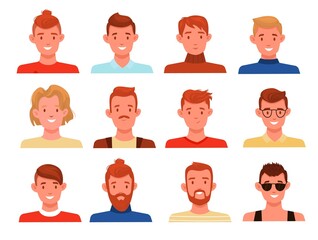 Men hairstyles avatars. Different styles male portraits, blondes, brunettes and brown haired characters, long and short hair, mustache and beard, various haircut vector cartoon flat set
