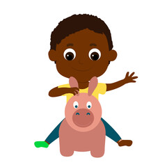 Little child boy sits on a toy rubber horse jumper. Preschool child and he is happy and smiling happily. Cartoon vector illustration of childhood and games and children's outdoor activities.