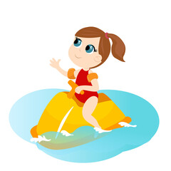 Obraz na płótnie Canvas Summer holiday child cartoon style.The girl sits on a water scooter and floats on the water. Vector illustration isolated on white background. Mood of happiness and joy.