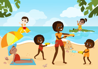 Children play a water battle on the beach with their mother or an adult, swim on a water scooter and an inflatable crocodile. Children of various nationalities, they have fun, they are happy.