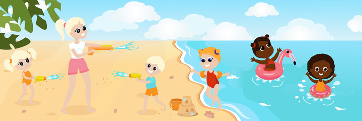 Children of various nationalities play on the beach, swim in inflatable circles, children and their mothers staged a water battle with water pistols. Mood of happiness and fun.