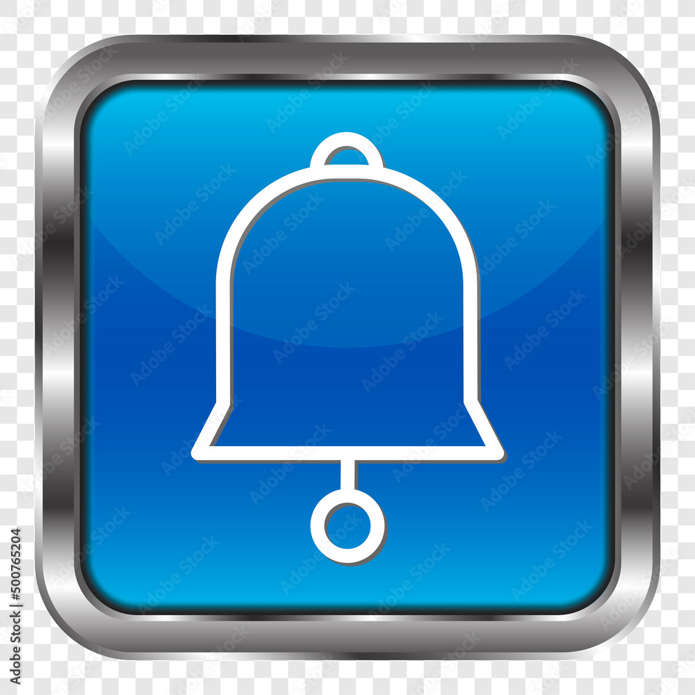 Poster bell simple icon vector. flat design. metal, blue square button. transparent grid.ai