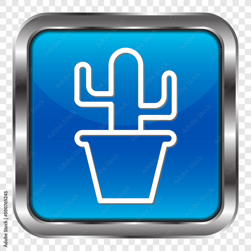 Poster cactus colour simple icon vector. flat design. metal, blue square button. transparent grid.ai
