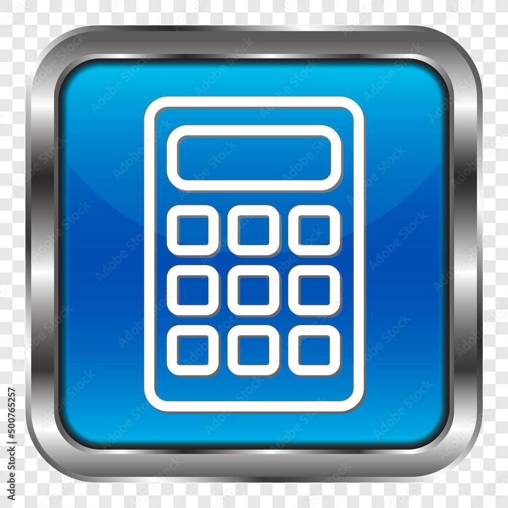Poster calculator simple icon vector. flat design. metal, blue square button. transparent grid.ai