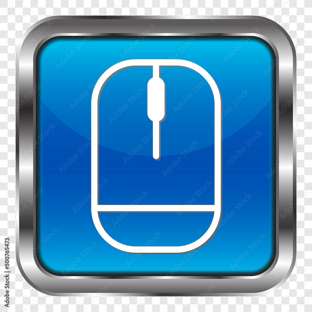 Poster computer mouse simple icon vector. flat design. metal, blue square button. transparent grid.ai