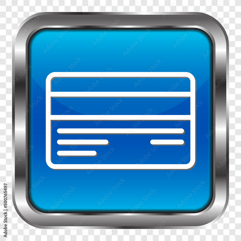 Poster credit card simple icon vector. flat design. metal, blue square button. transparent grid.ai