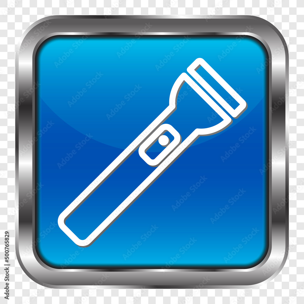 Poster flashlight simple icon vector. flat design. metal, blue square button. transparent grid.ai