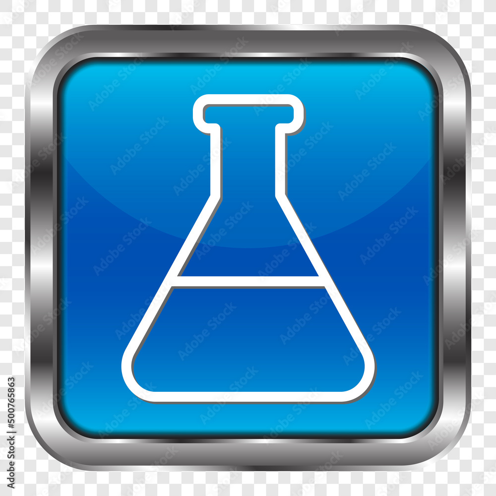 Poster flask simple icon vector. flat design. metal, blue square button. transparent grid.ai