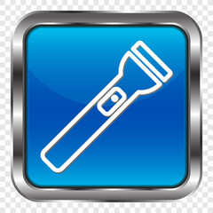 Flashlight simple icon vector. Flat design. Metal, blue square button. Transparent grid.ai