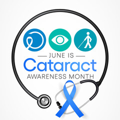 Cataract awareness month is observed every year in June, it is a dense, cloudy area that forms in the lens of the eye. Vector illustration.