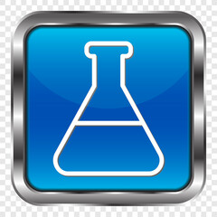 Flask simple icon vector. Flat design. Metal, blue square button. Transparent grid.ai