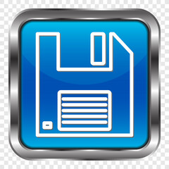 Floppy disk simple icon vector. Flat design. Metal, blue square button. Transparent grid.ai