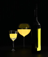 3d illustration of two glasses of white wine next to a bottle of white wine on a black background