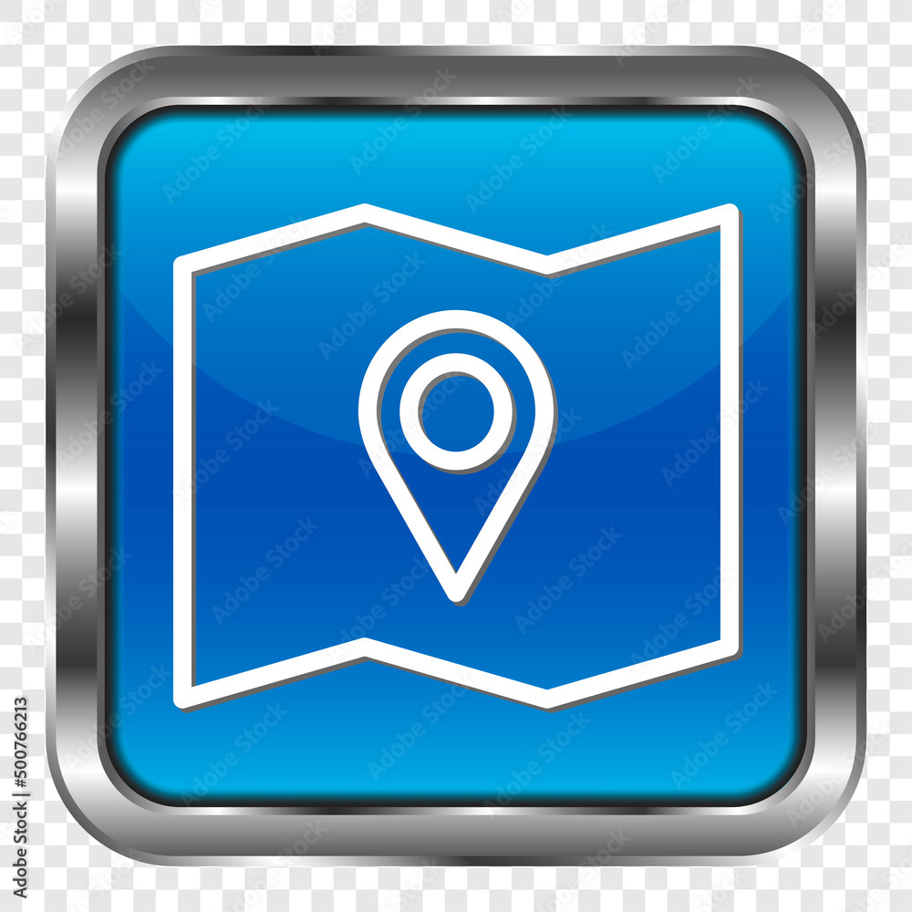 Poster map simple icon vector. flat design. metal, blue square button. transparent grid.ai