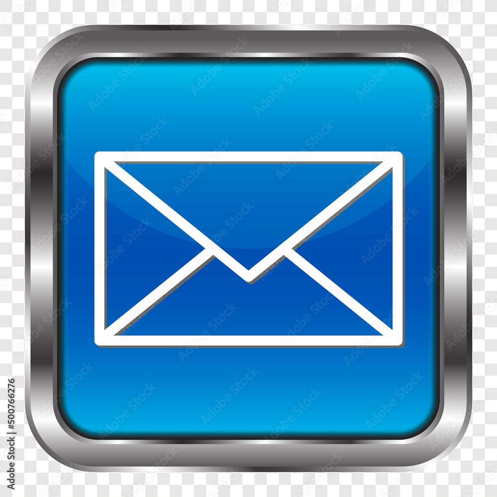 Poster message envelope simple icon vector. flat design. metal, blue square button. transparent grid.ai