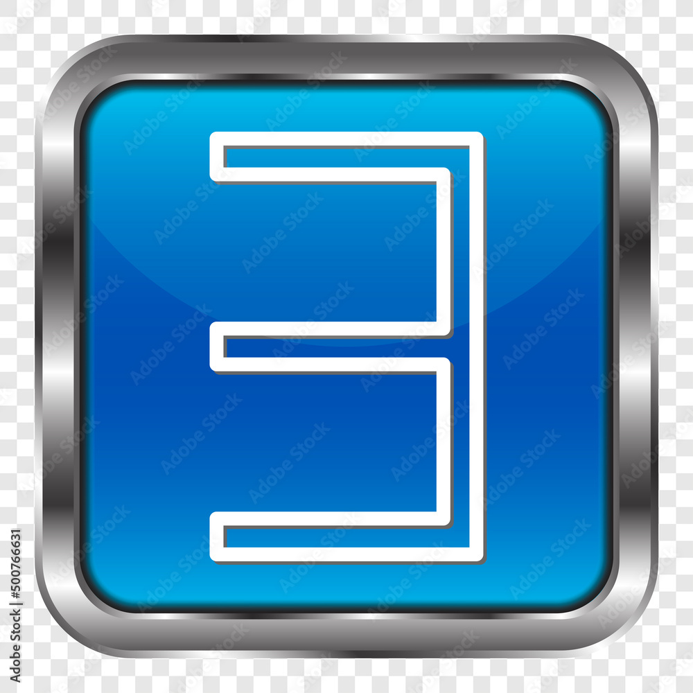 Poster number three, numeral simple icon vector. flat design. metal, blue square button. transparent grid.a