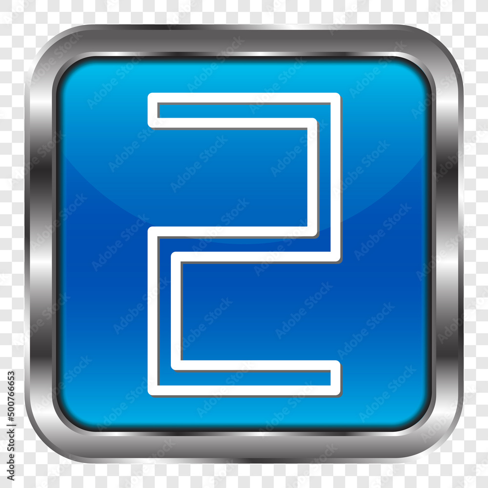 Poster number two, numeral simple icon vector. flat design. metal, blue square button. transparent grid.ai