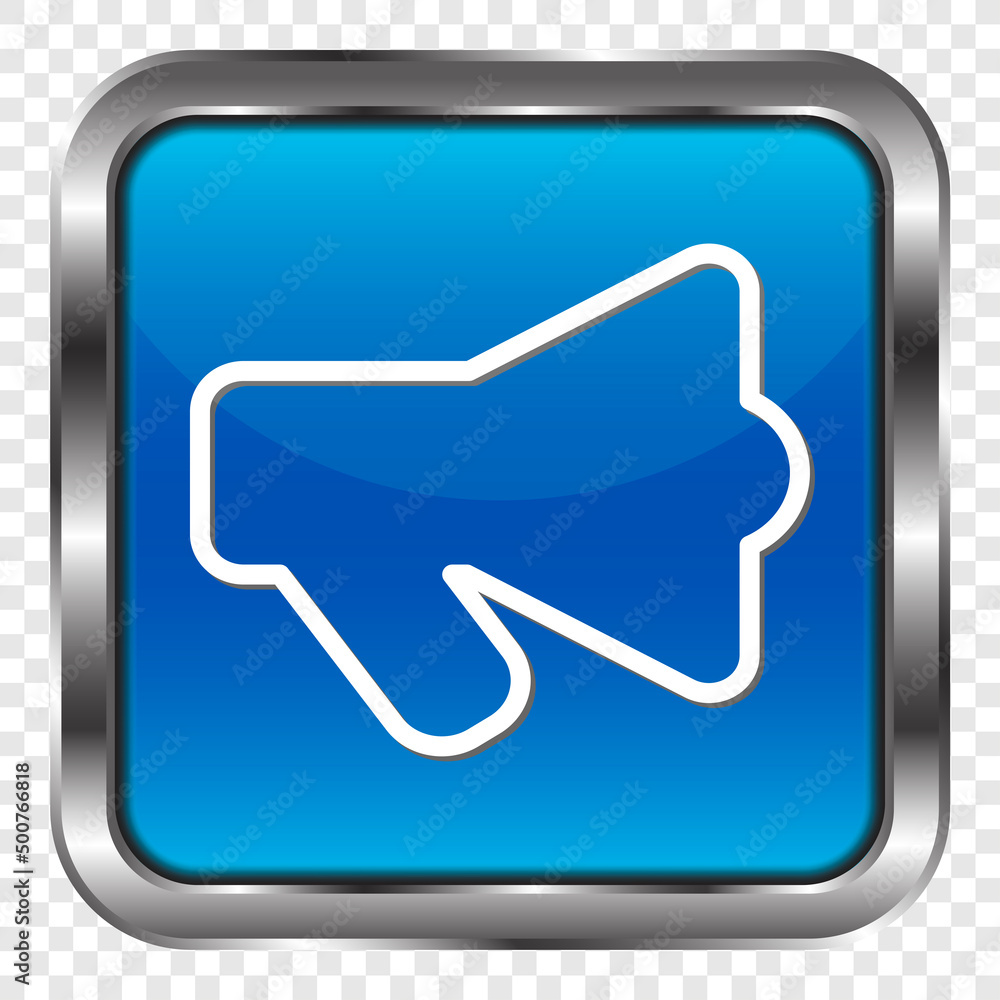 Poster speaker simple icon vector. flat design. metal, blue square button. transparent grid.ai