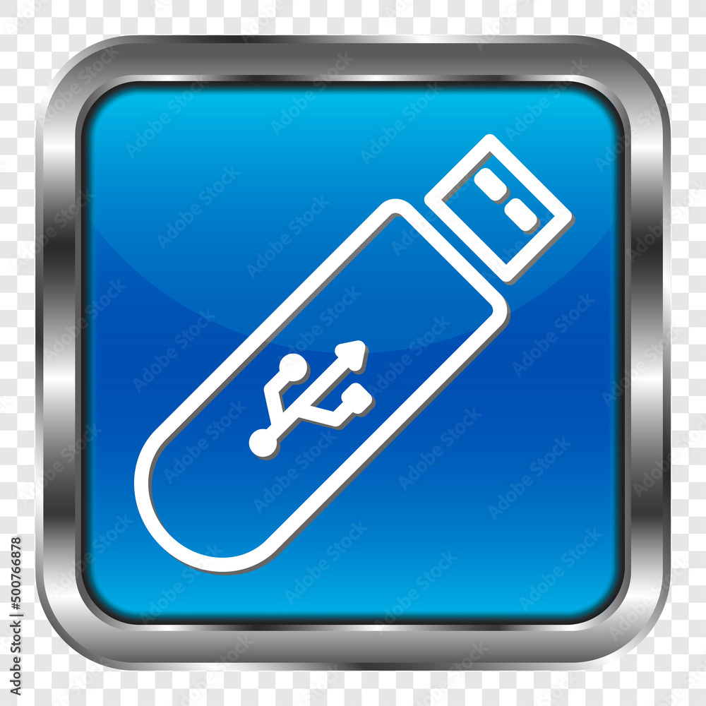 Poster usb flash drive simple icon vector. flat design. metal, blue square button. transparent grid.ai