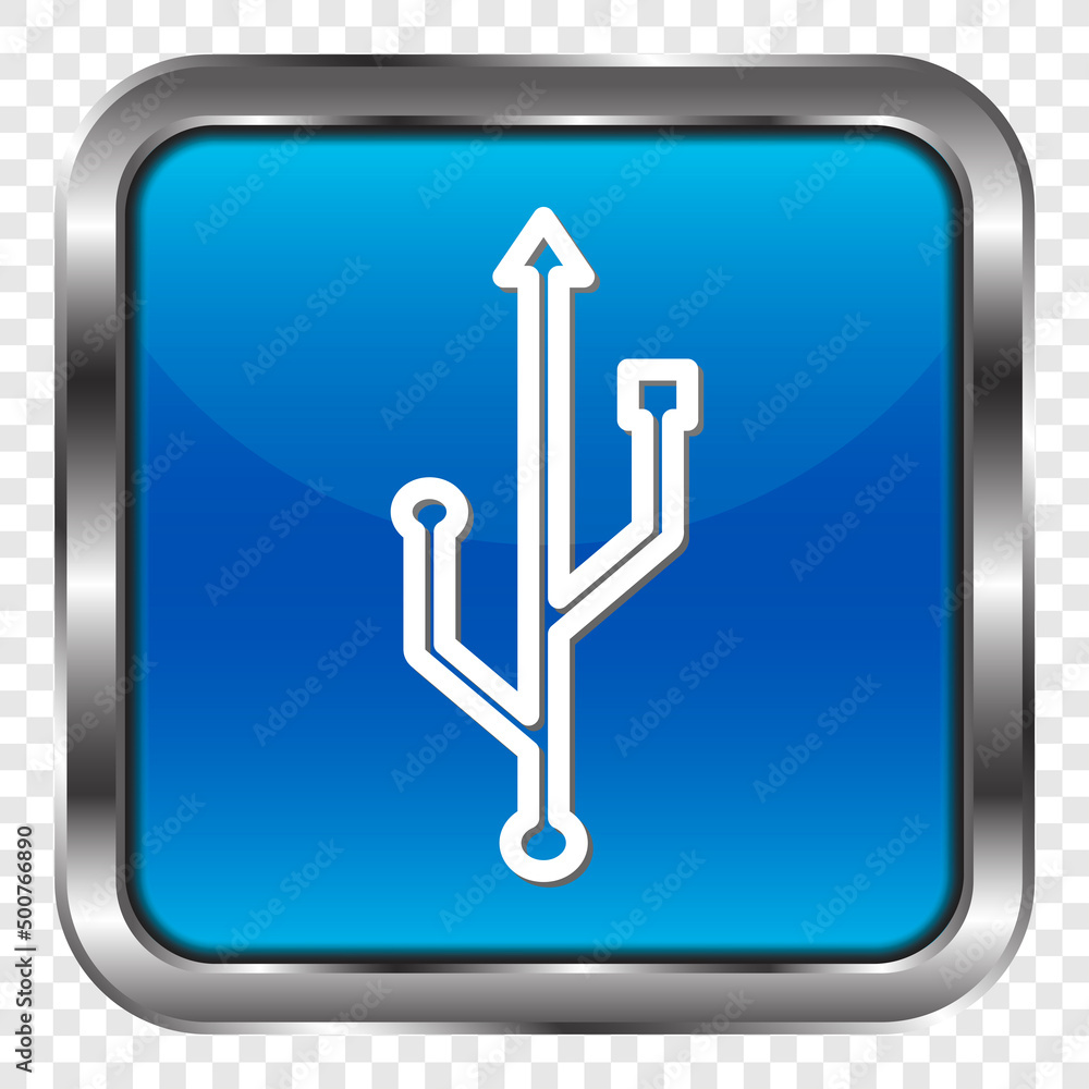 Poster usb simple icon vector. flat design. metal, blue square button. transparent grid.ai