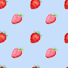 Watercolor pattern with strawberries on a blue background