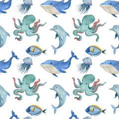 Watercolor seamless pattern with ocean animals