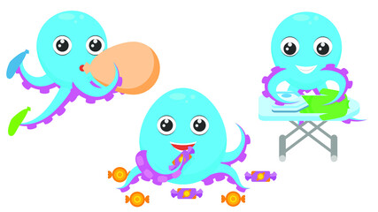 Set Abstract Collection Flat Cartoon Different Animal Blue Octopus Tentacles Inflates Balloons, Ironing Clothes, Got Fat From Candy Vector Design Style Elements Fauna Wildlife