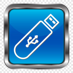 Usb flash drive simple icon vector. Flat design. Metal, blue square button. Transparent grid.ai