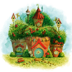 Fairies Houses with flowers. Hand drawn Watercolor illustration.