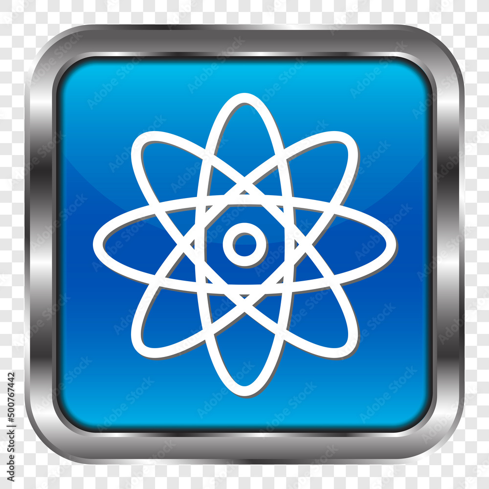 Poster atom simple icon vector. flat design. metal, blue square button. transparent grid.ai