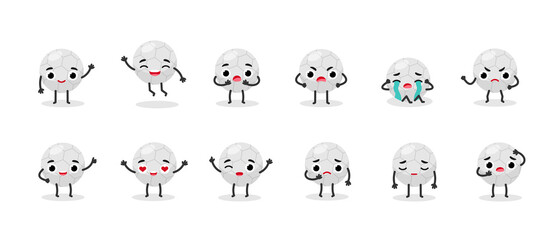 Set cute emotional Football ball. Soccer emoji mascot.