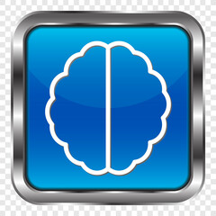 Brain simple icon vector. Flat design. Metal, blue square button. Transparent grid.ai