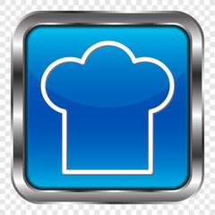 Chef hat, kitchen simple icon. Flat design. Metal, blue square button. Transparent grid.ai
