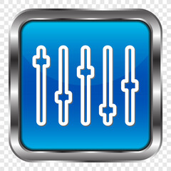 Equalizer slider simple icon. Flat design. Metal, blue square button. Transparent grid.ai