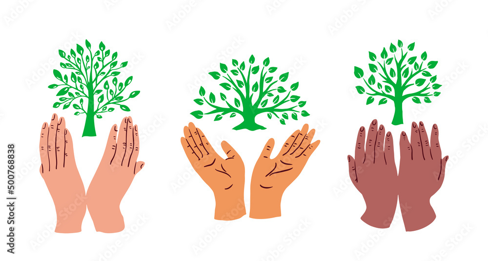 Poster Hands of different people holding a green tree.Eco symbol.Vector illustration.