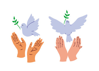 Obraz premium Peace symbol - dove in hands.Hands holding a dove.Hand drawn.Vector illustration