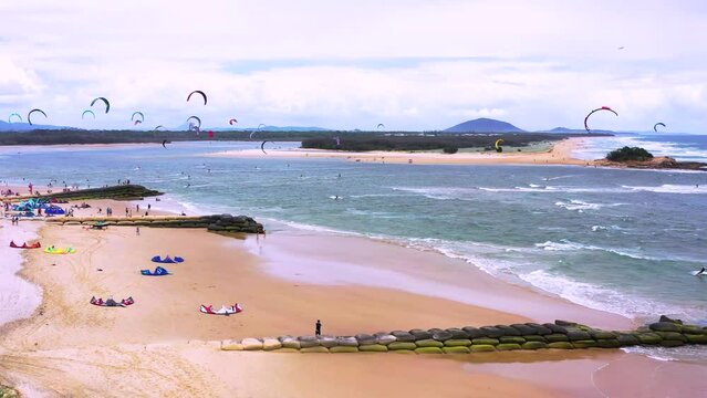 Aerial view of a kitesurfing competition, Queensland, Australia.