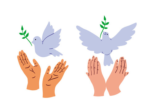 Peace symbol - dove in hands.Hands holding a dove.Hand drawn.Vector illustration
