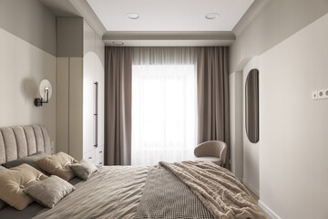 Modern bedroom interior in pastel colours. Trendy minimalistic interior concept