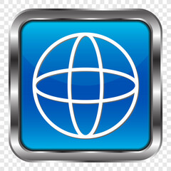 Planet simple icon vector. Flat design. Metal, blue square button. Transparent grid.ai