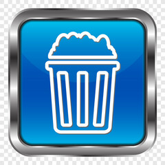 Popcorn simple icon vector. Flat design. Metal, blue square button. Transparent grid.ai