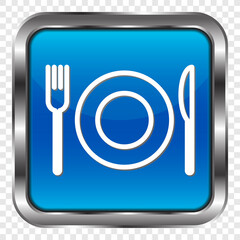 Restaurant, fork knife plate simple icon. Flat design. Metal, blue square button. Transparent grid.ai